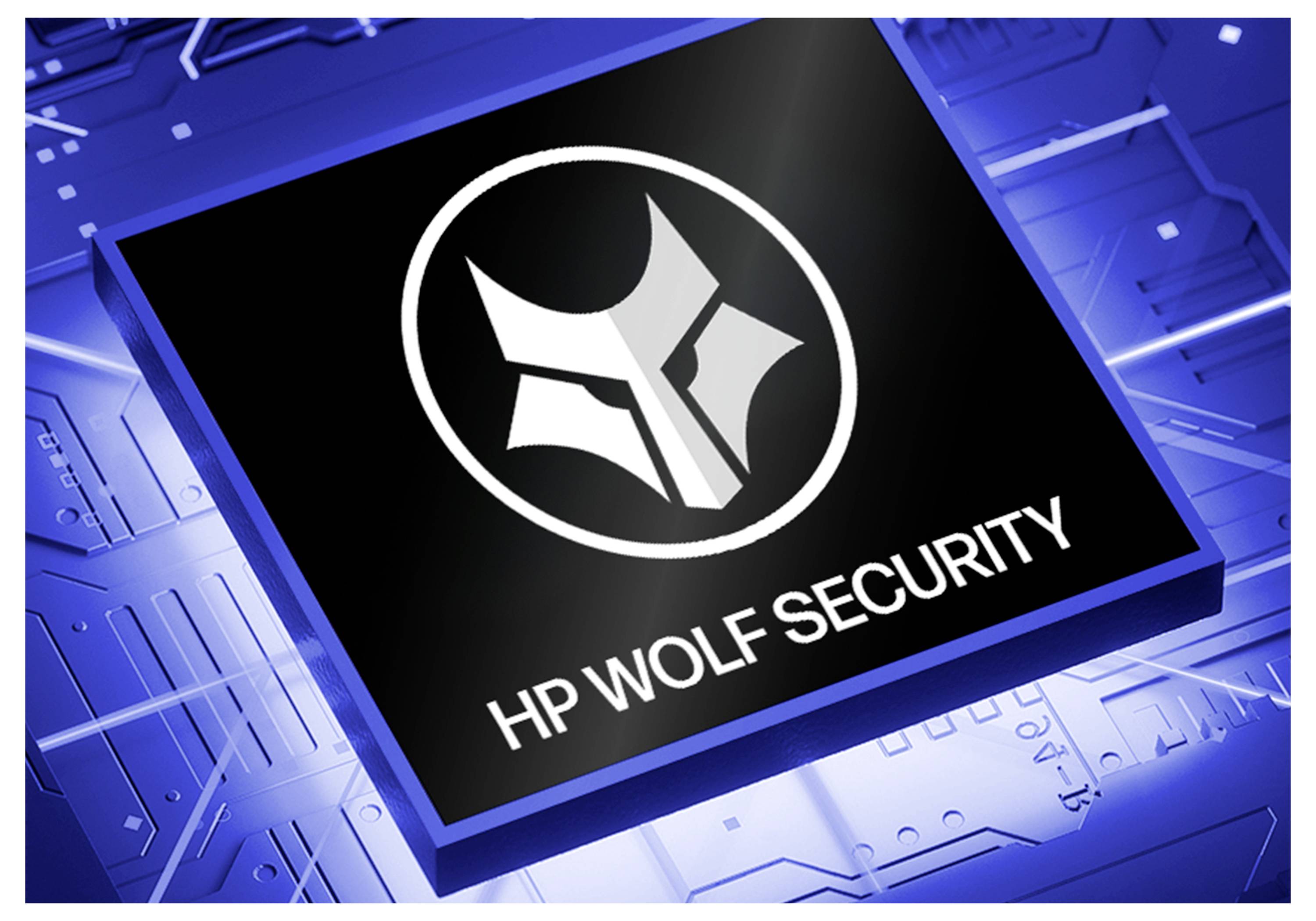 Stilisiertes HP Wolf Security Chip-Logo auf blauem Schaltkreis-Hintergrund, das Cybersicherheitsschutz-Technologie darstellt.
