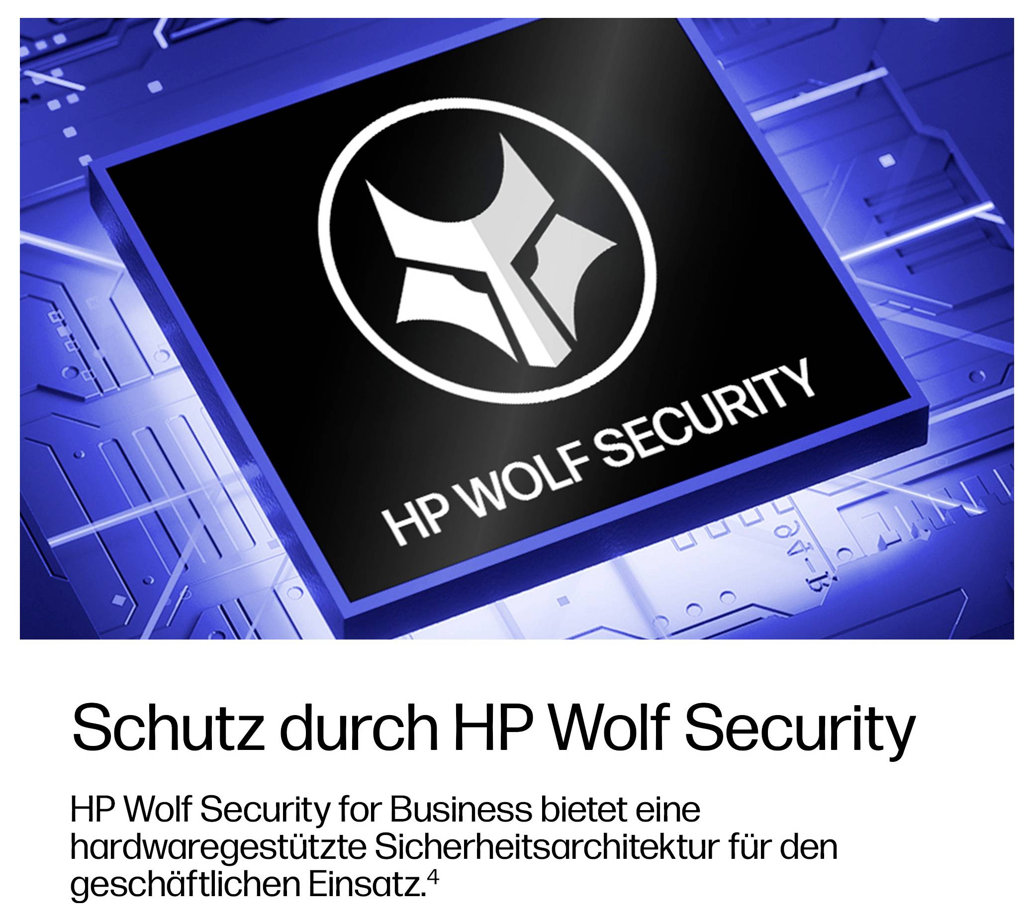 HP Wolf Security Logo auf blauem Leiterplatten-Hintergrund mit deutschem Text: „Schutz durch HP Wolf Security" und eine kurze Beschreibung der Geschäftssicherheit.
