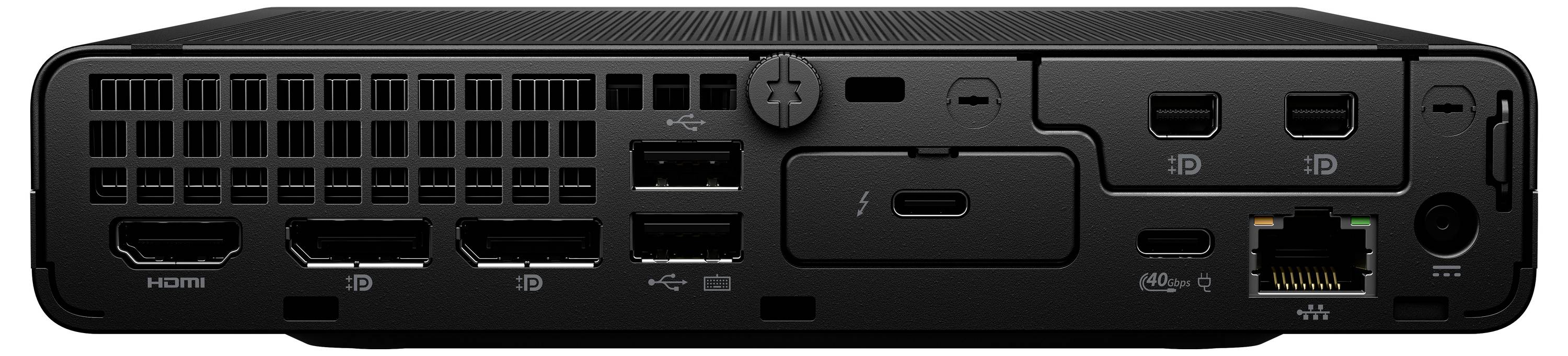 Rückansicht eines kompakten Desktop-Computers mit Anschlüssen und Lüftungsöffnungen, einschließlich HDMI, USB, Ethernet, Audiobuchsen und Stromeingang.