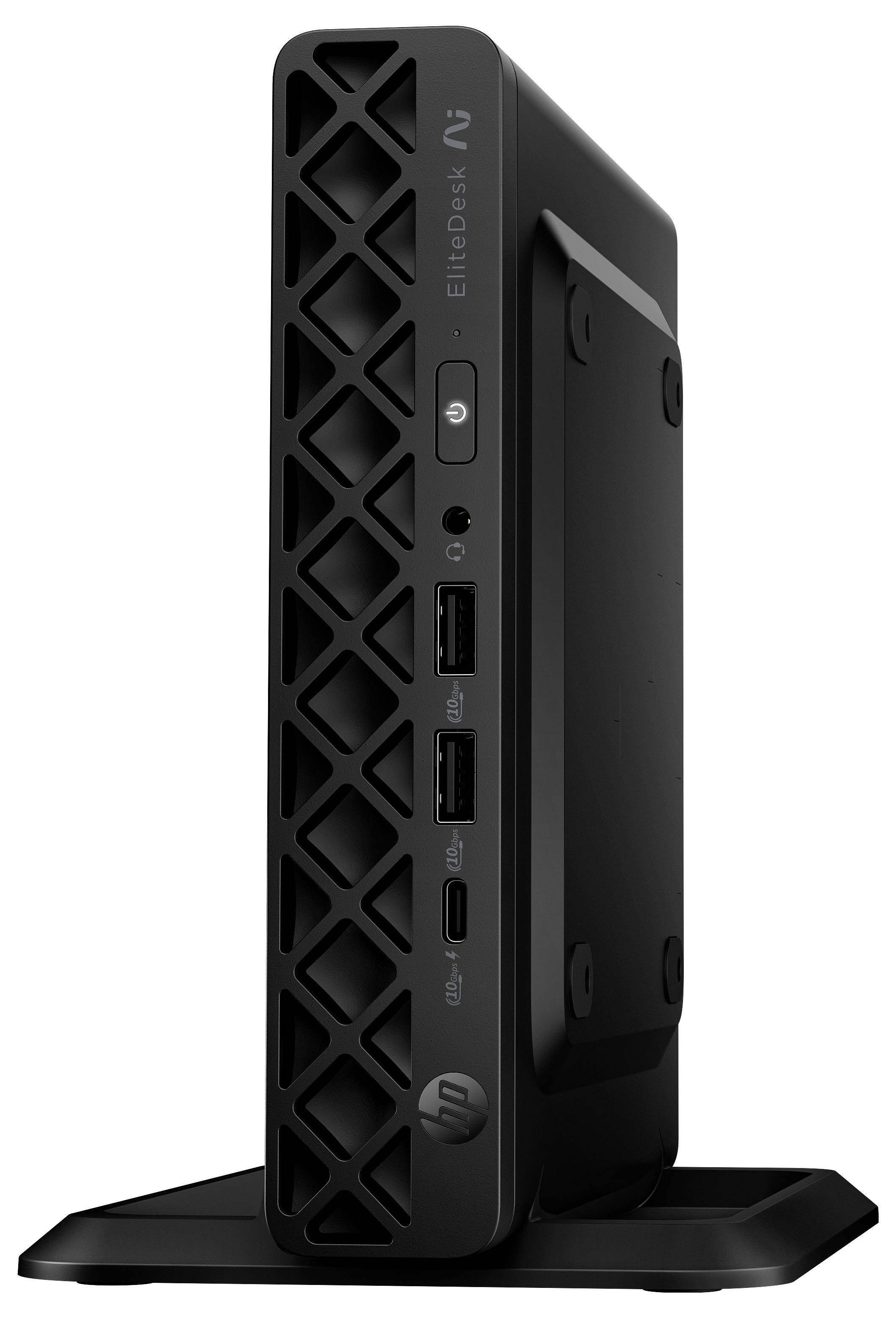 Schwarzer HP EliteDesk Mini-Desktop-Tower auf einem Ständer, Vorderansicht mit Stromschalter und USB-Anschlüssen