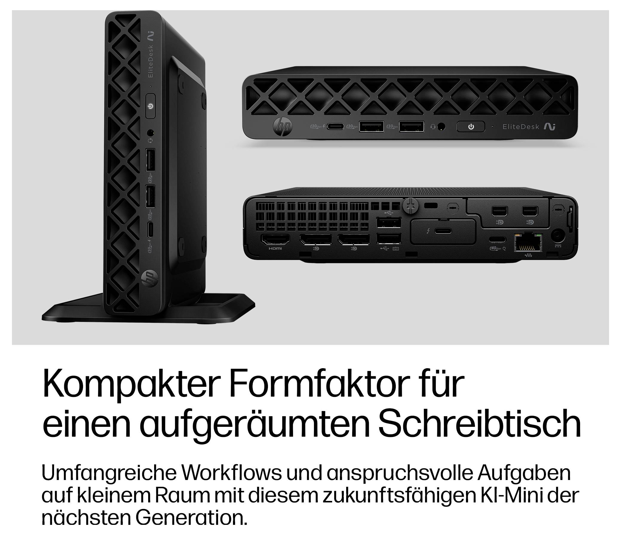 Kompakter HP EliteDesk AI Mini-PC von vorne, hinten und von der Seite gezeigt, mit deutschem Text, der ein kompaktes Design für einen aufgeräumten Schreibtisch und anspruchsvolle Arbeitsabläufe bewirbt.