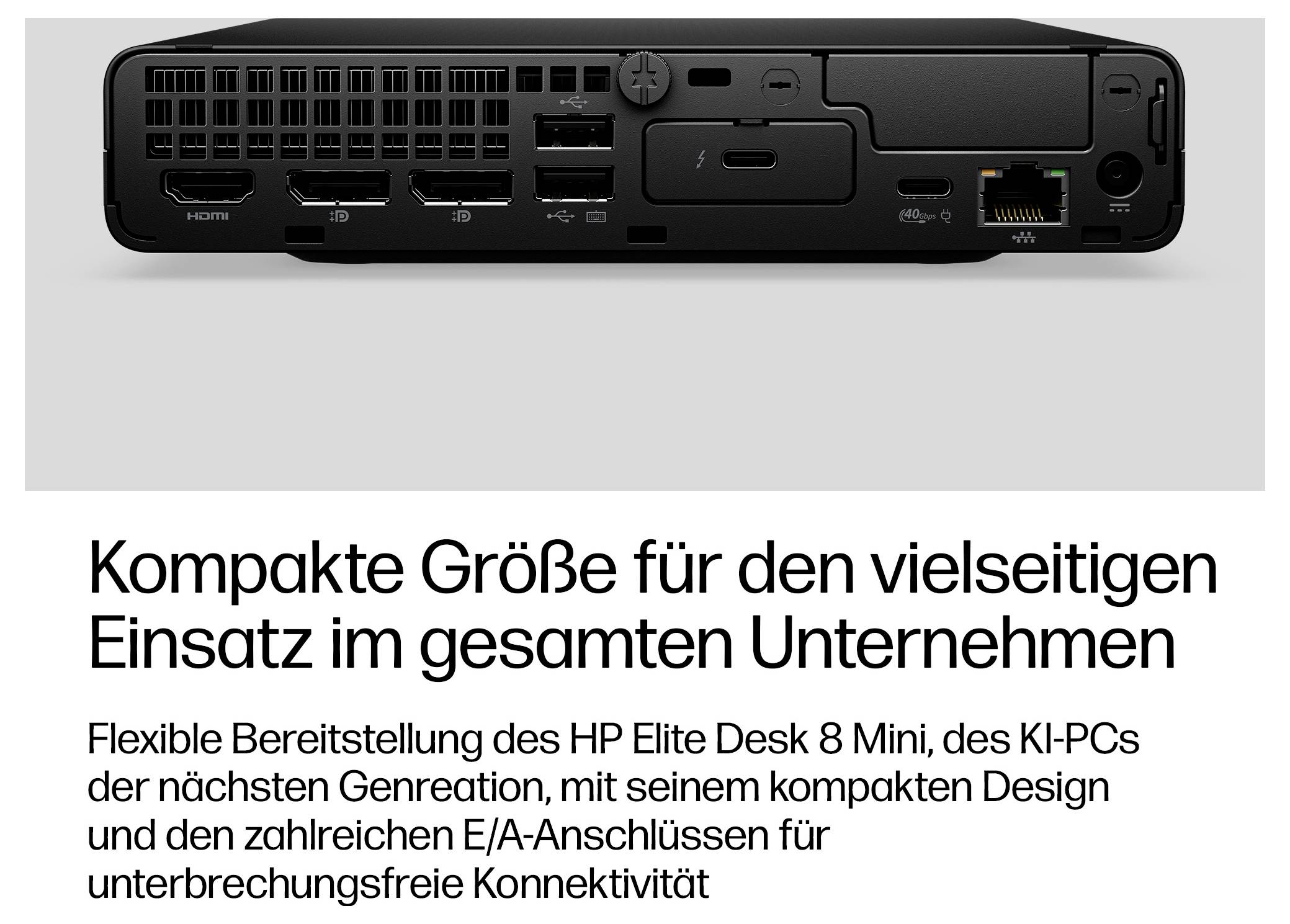 HP Elite Desk 8 Mini Rückansicht mit mehreren Anschlüssen für Enterprise-Konnektivität, mit deutschem Text über kompakte Größe und vielseitige geschäftliche Nutzung.