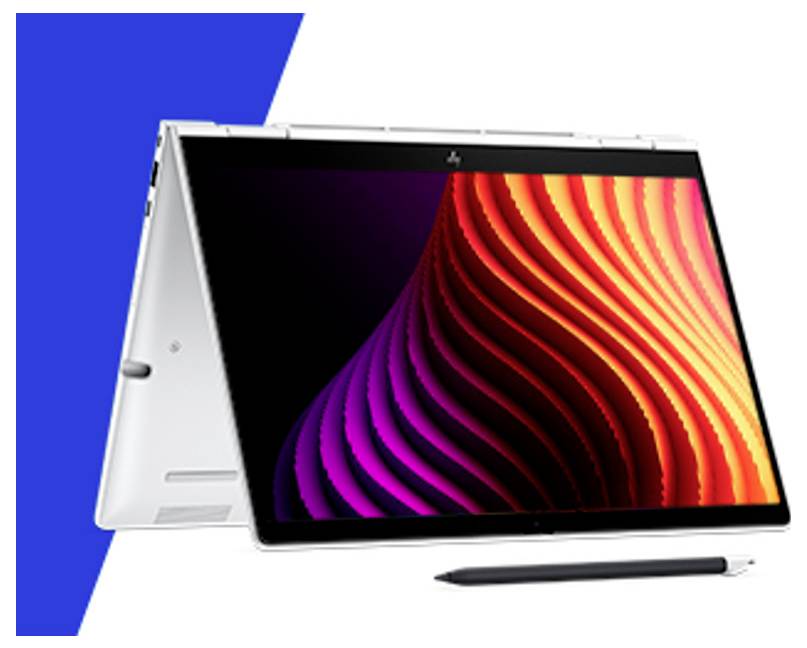 Ein silberner 2-in-1-Laptop wird geöffnet mit einem farbenfrohen abstrakten Display gezeigt, zusammen mit einem Stift auf einem blau-weißen Hintergrund.