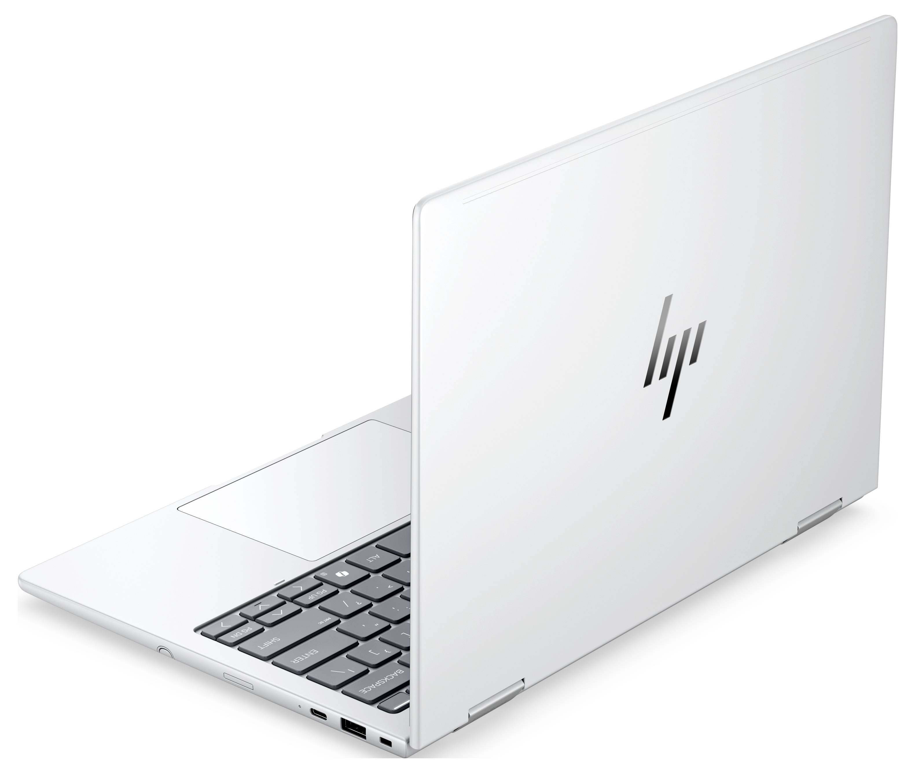Silberner HP-Laptop, teilweise geöffnet auf weißem Hintergrund, mit sichtbarer Tastatur und HP-Logo.