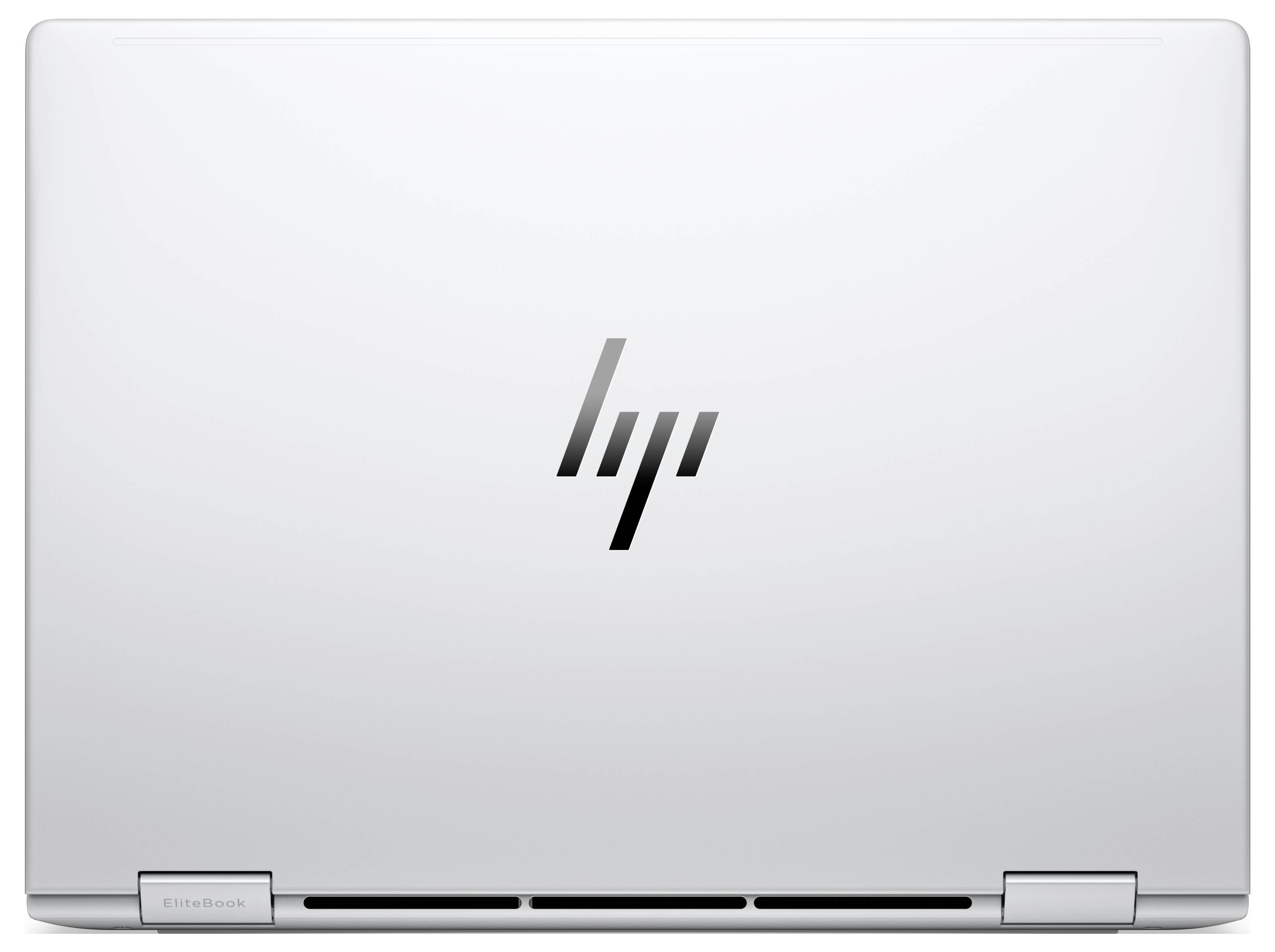 Geschlossener silberner HP-Laptop mit zentriertem HP-Logo auf dem Deckel