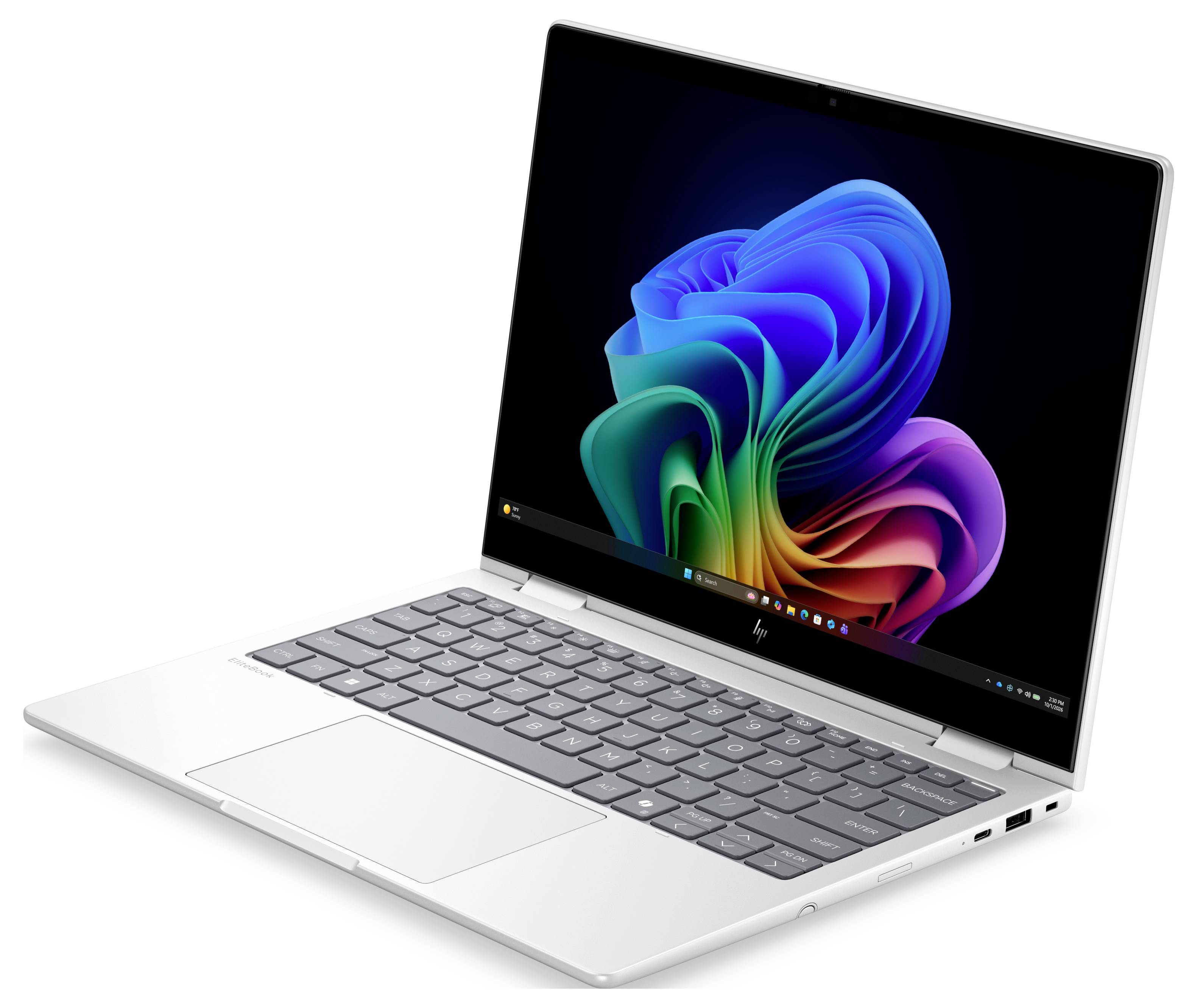 Silberner HP-Laptop, geöffnet in einem Winkel, zeigt eine farbenfrohe Windows-Desktophintergrundbild auf dem Bildschirm.