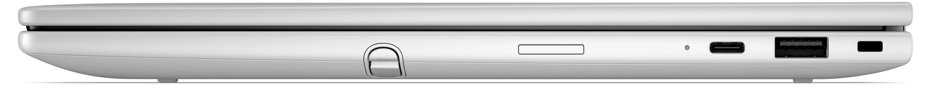 Seitenansicht eines silbernen Laptops, die die geschlossene Gehäusekante mit einem Riegel, Anschlüssen und Lüftungsöffnungen zeigt.