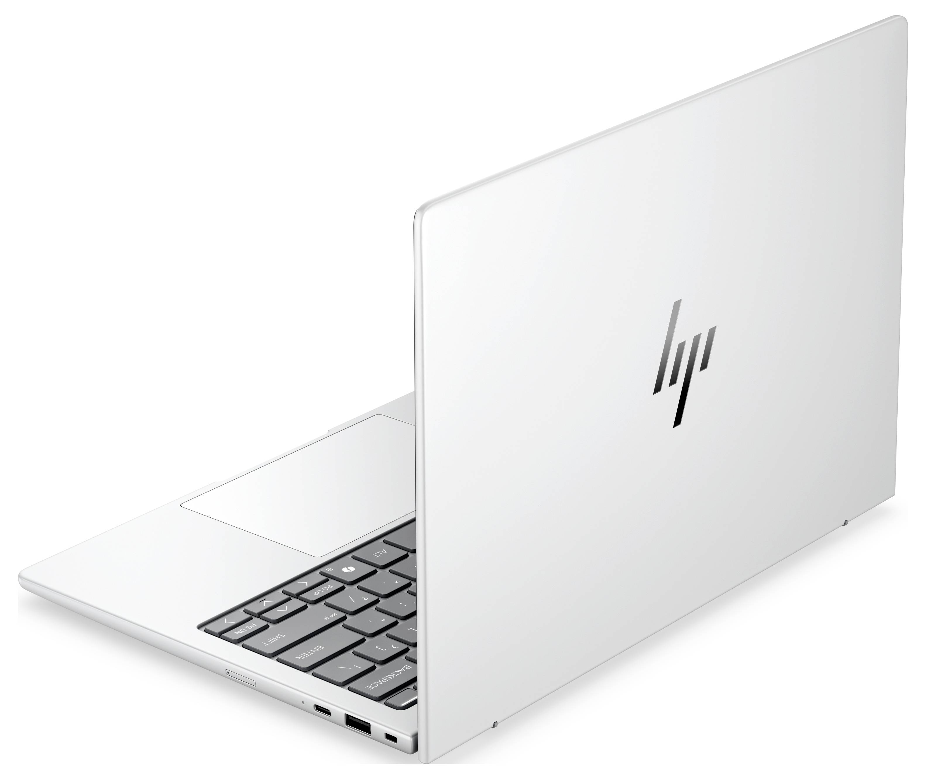 White HP Laptop, teilweise geöffnet, gezeigt aus einer angewinkelten Seitenansicht, mit dem HP-Logo auf dem Deckel.