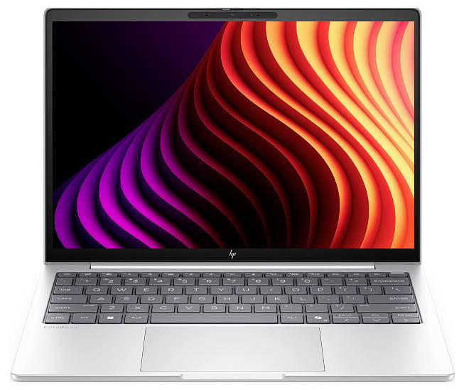 Silberner HP-Laptop offen und nach vorne gerichtet, auf dem Bildschirm ist ein farbenfroher abstrakter Wellen-Hintergrund zu sehen.