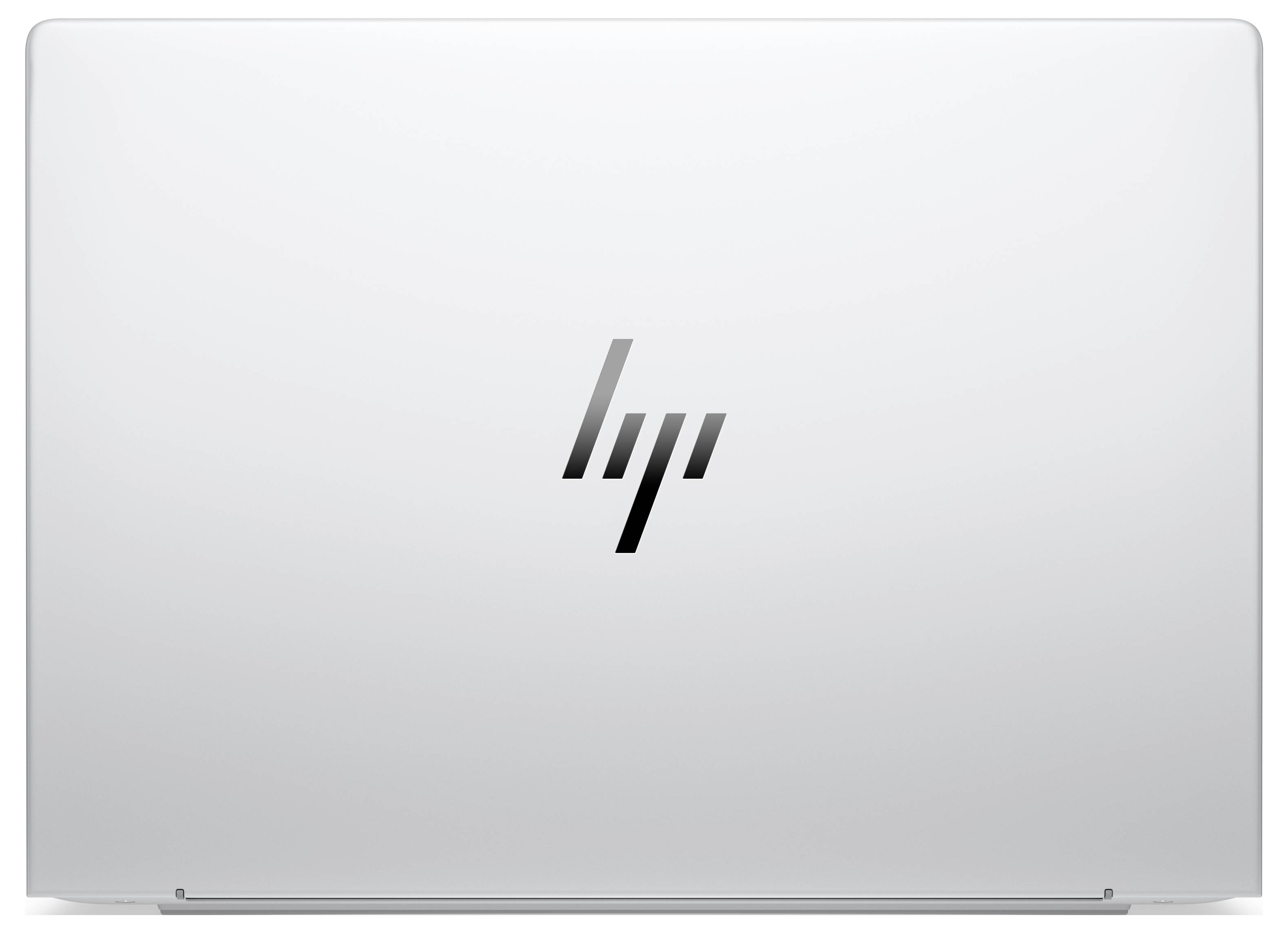 Geschlossener silberner HP-Laptop mit zentriertem HP-Logo auf dem Deckel.
