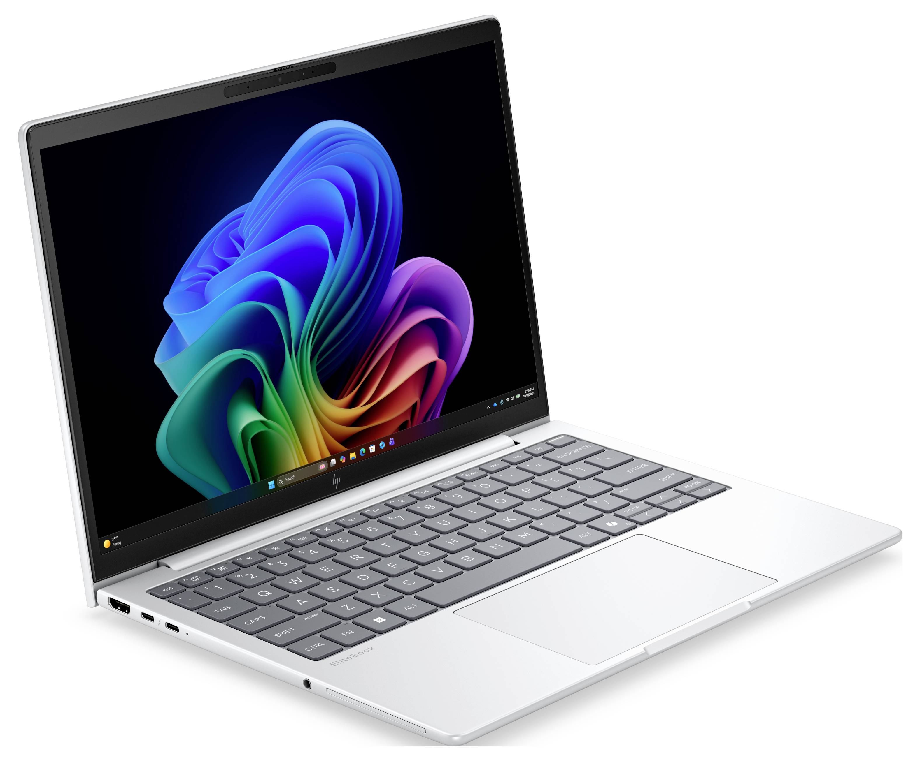 Silberner Laptop-Computer, geöffnet mit buntem abstraktem Hintergrund auf dem Bildschirm, in einem Winkel vor weißem Hintergrund angezeigt.