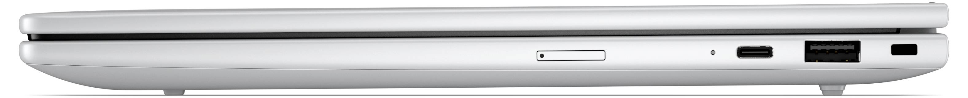Seitenansicht eines geschlossenen silbernen Laptops, das sein dünnes Profil mit Anschlüssen und einem Belüftungsgitter auf der rechten Seite zeigt.