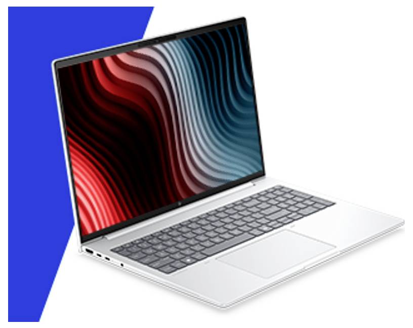 Silberner Laptop-Computer, der in einem Winkel auf weißem Hintergrund geöffnet ist, mit geometrischem blauem Akzent dahinter.