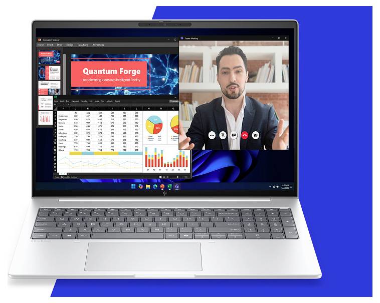Laptop-Bildschirm mit einem Videoanruf neben einem Business-Dashboard mit dem Titel „Quantum Forge" mit Diagrammen und Tabellen.