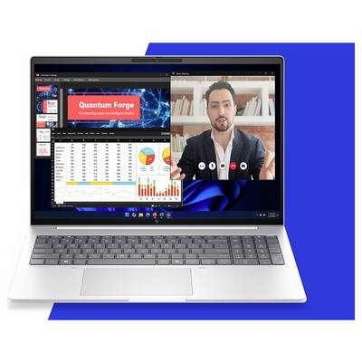 Laptop-Bildschirm mit einem Videoanruf neben einem Business-Dashboard mit dem Titel „Quantum Forge" mit Diagrammen und Tabellen.