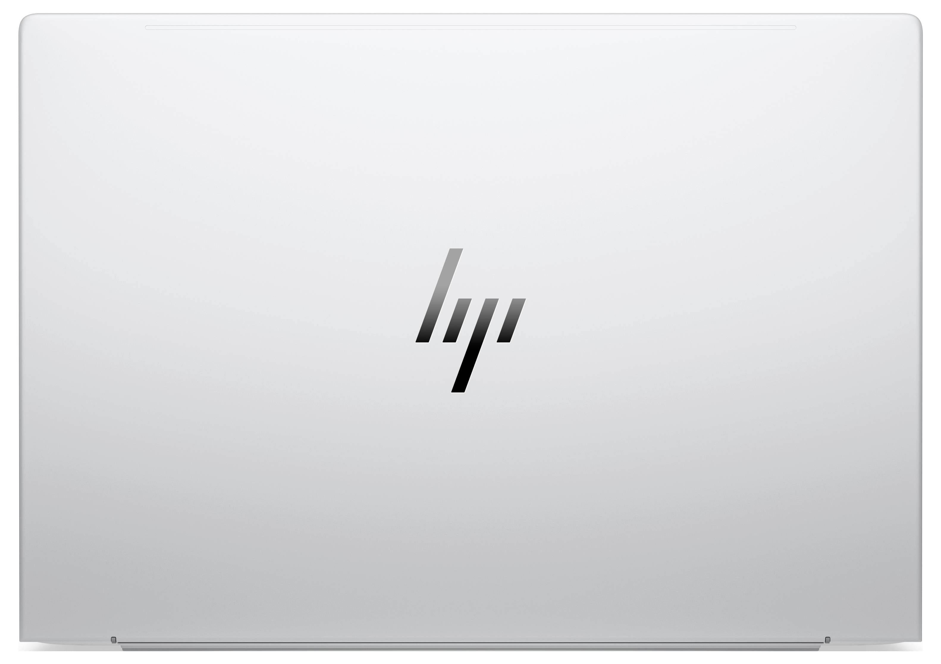 Geschlossener silberner HP-Laptop mit zentriertem HP-Logo auf einfachem hellem Hintergrund.