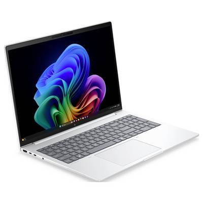 Silberner Laptop-Computer in einem Winkel geöffnet, zeigt ein buntes abstraktes Windows-ähnliches Hintergrundbild auf dem Bildschirm und eine graue Tastatur mit Touchpad.