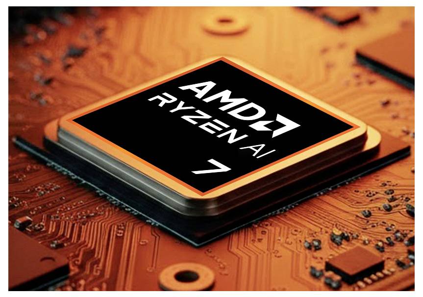 Nahaufnahme eines AMD Ryzen AI 7-Prozessor-Chips, der auf einer Leiterplatte montiert ist.