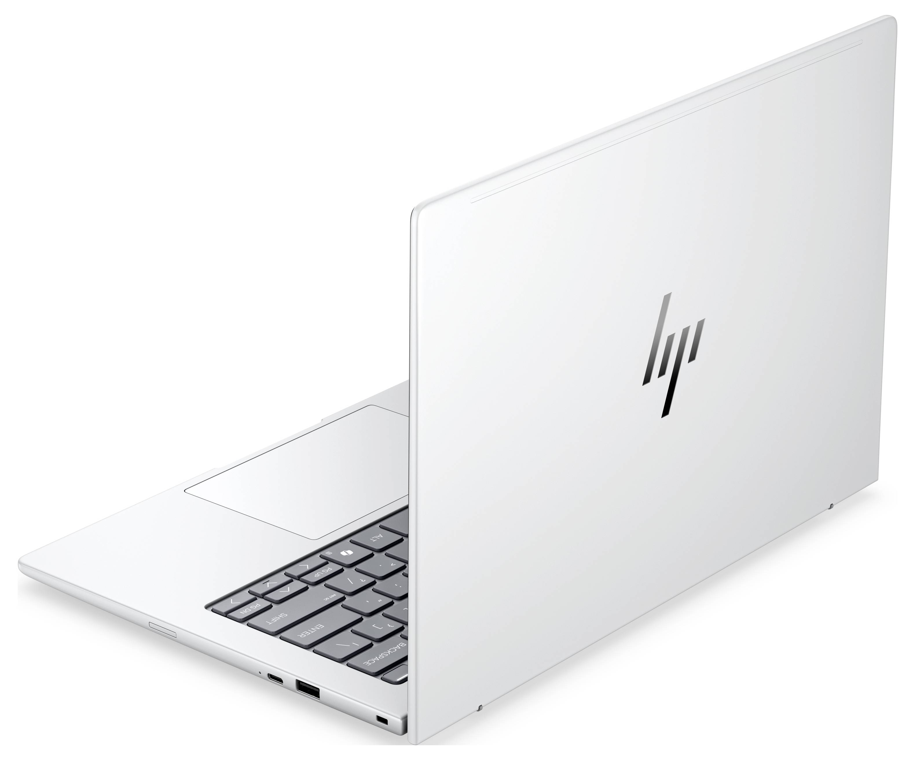 Silberner HP-Laptop, teilweise geöffnet, in einem sauberen Produktfoto-Stil dargestellt, mit dem HP-Logo auf der Rückseite des Bildschirms sichtbar.