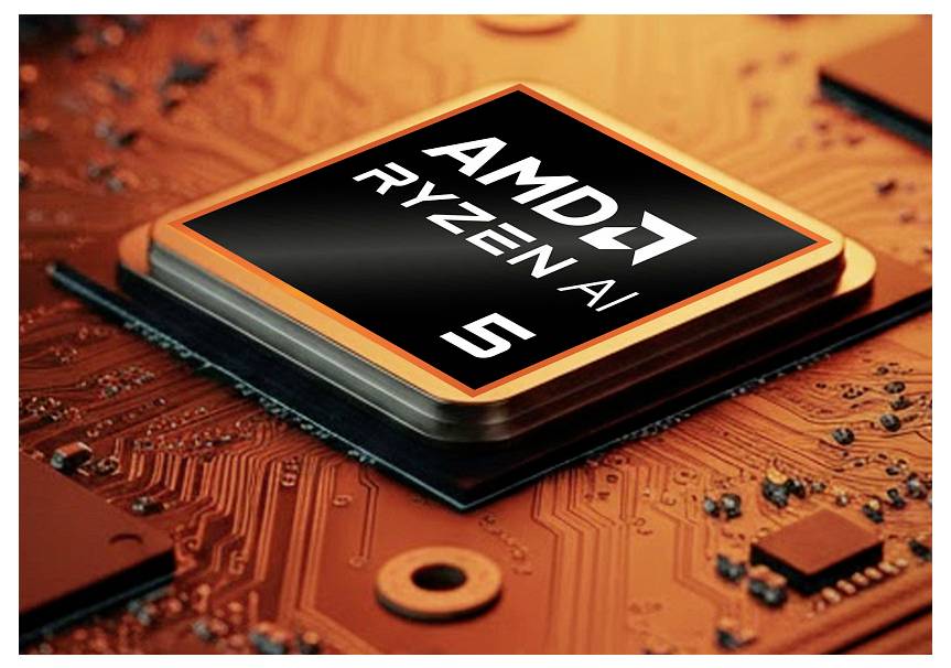 Nahaufnahme eines AMD Ryzen 5 Prozessor-Chips auf einer Leiterplatte, die das Etikett "AMD RYZEN 5" zeigt.