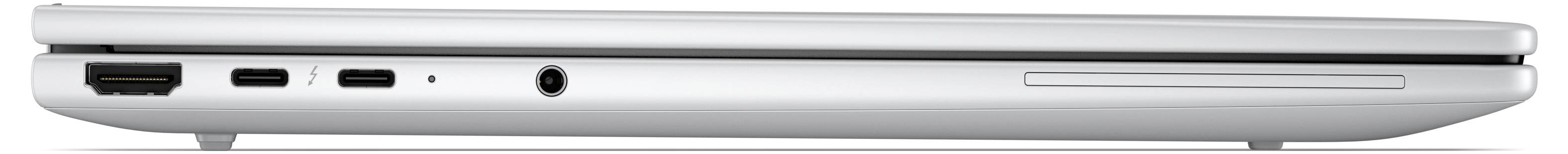 Seitenansicht eines geschlossenen silbernen Laptops, die die linke Kante mit Anschlüssen zeigt, einschließlich USB, HDMI, Audiobuchse und einem Ladeanschluss.