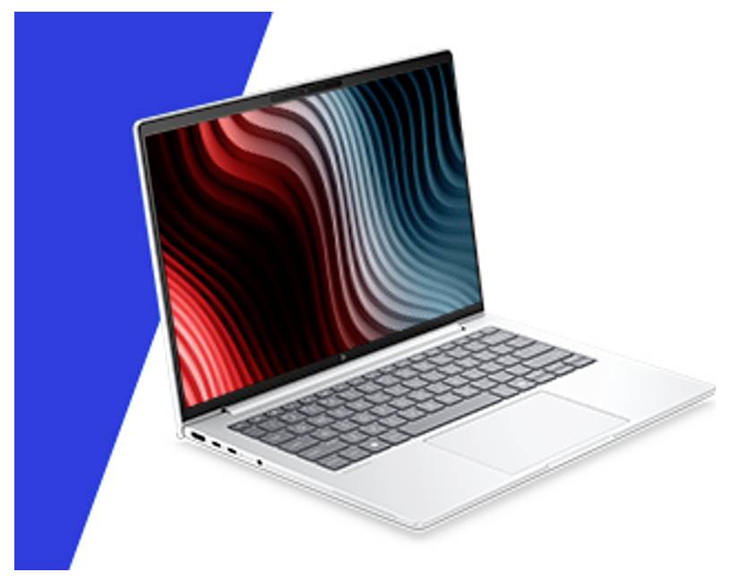 Silberner Laptop in einem Winkel geöffnet mit abstraktem rot und blauem Wellen-Hintergrund auf dem Bildschirm, auf weißem Hintergrund mit blauem geometrischem Akzent.