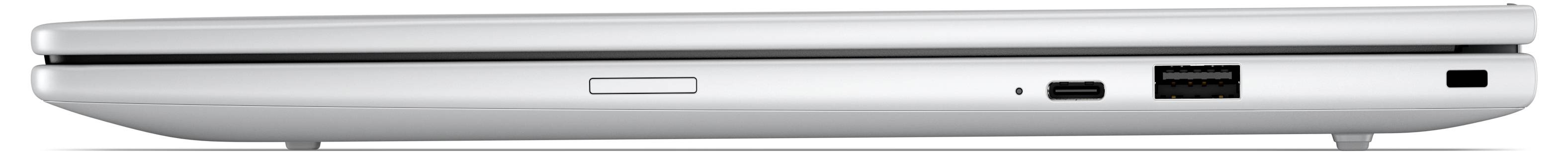 Seitenansicht eines geschlossenen silbernen Laptops mit schlankem Profil und USB- sowie HDMI-Anschlüssen an der rechten Kante.
