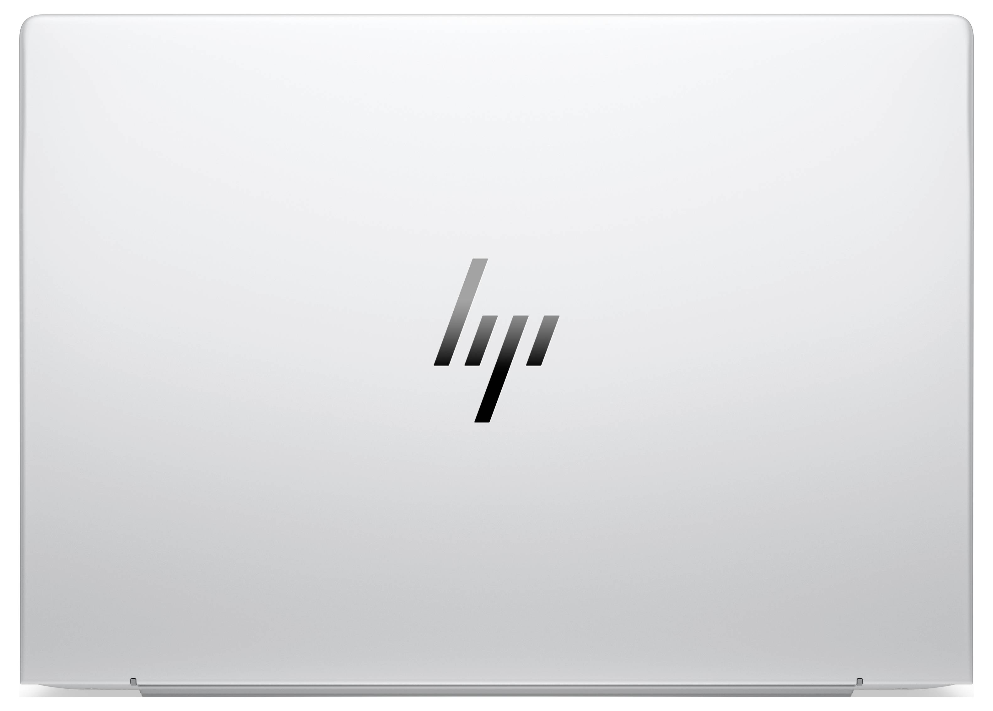 Geschlossener silberner HP-Laptop mit zentriertem HP-Logo auf der Rückseite.