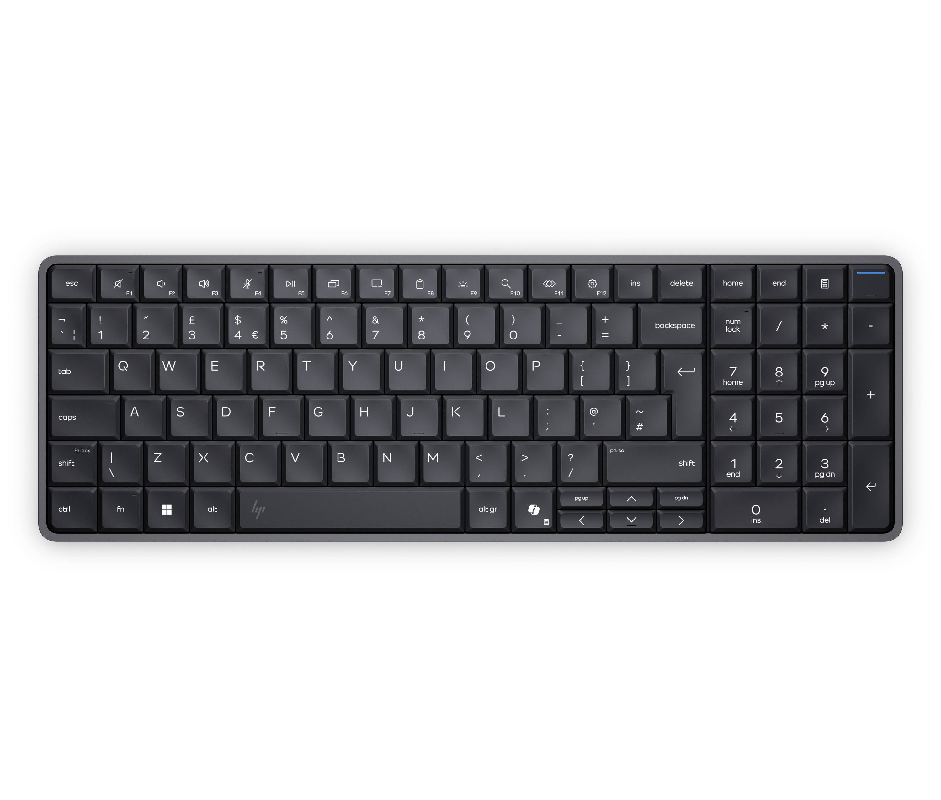 Kompakte schwarze kabellose Tastatur mit Ziffernblock, Vorderansicht auf weißem Hintergrund dargestellt.