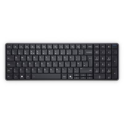 Kompakte schwarze kabellose Tastatur mit Ziffernblock, Vorderansicht auf weißem Hintergrund dargestellt.