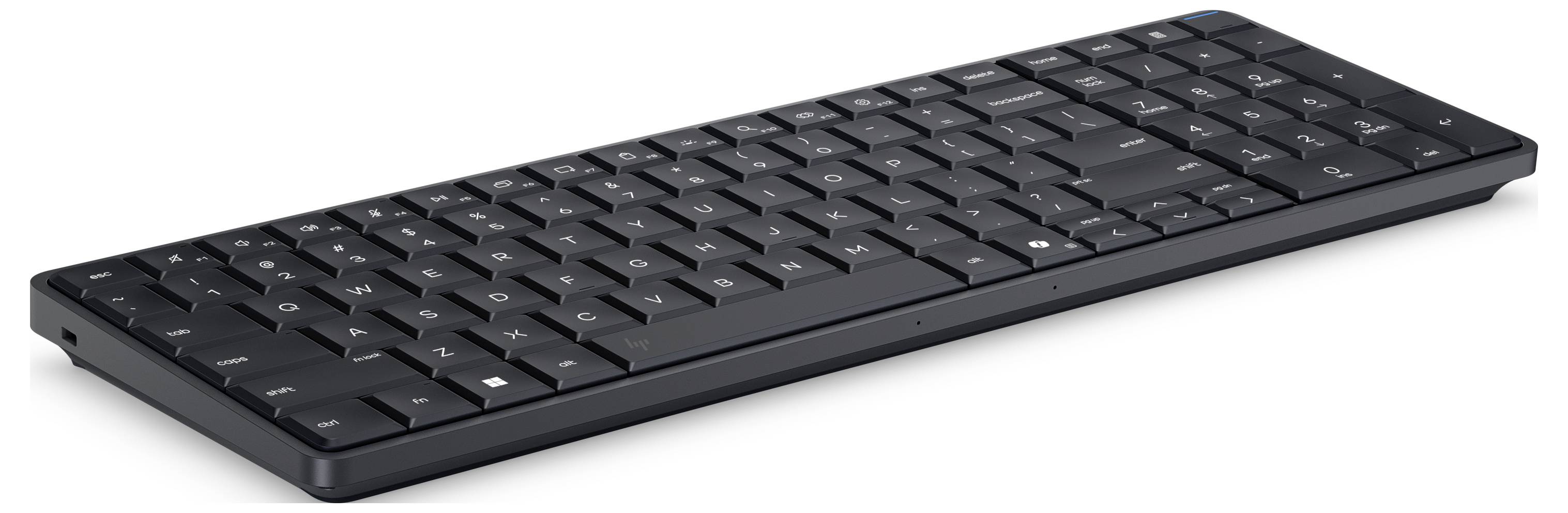 Schlanke schwarze kabellose Tastatur in schräger Ansicht auf weißem Hintergrund.