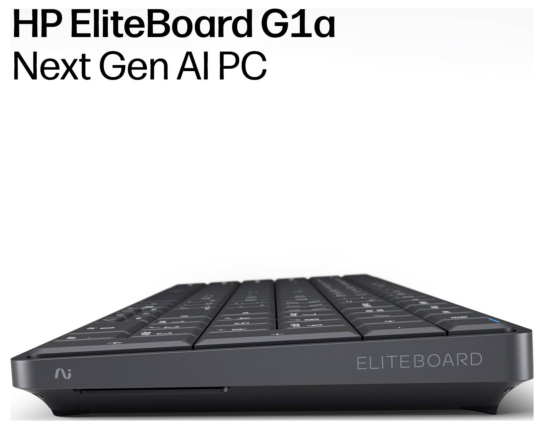 HP EliteBoard G1g Next Gen AI PC in Seitenansicht vor weißem Hintergrund dargestellt.