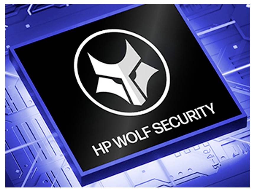 HP Wolf Security-Logo auf einem schwarzen Chip vor einem blauen Leiterplattenhintergrund