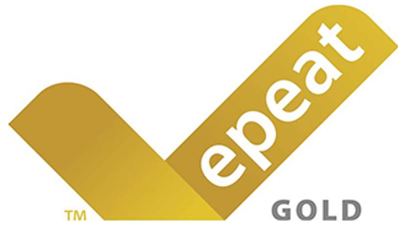 Goldenes EPEAT-Logo mit einem stilisierten gelben Häkchen und dem Wort „EPEAT" in Weiß, plus „GOLD" darunter.