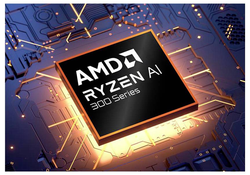 Promotionsbild eines AMD Ryzen AI 300 Series Prozessor-Chips, der auf einer Leiterplatte leuchtet, mit dem Produktnamen prominent angezeigt.