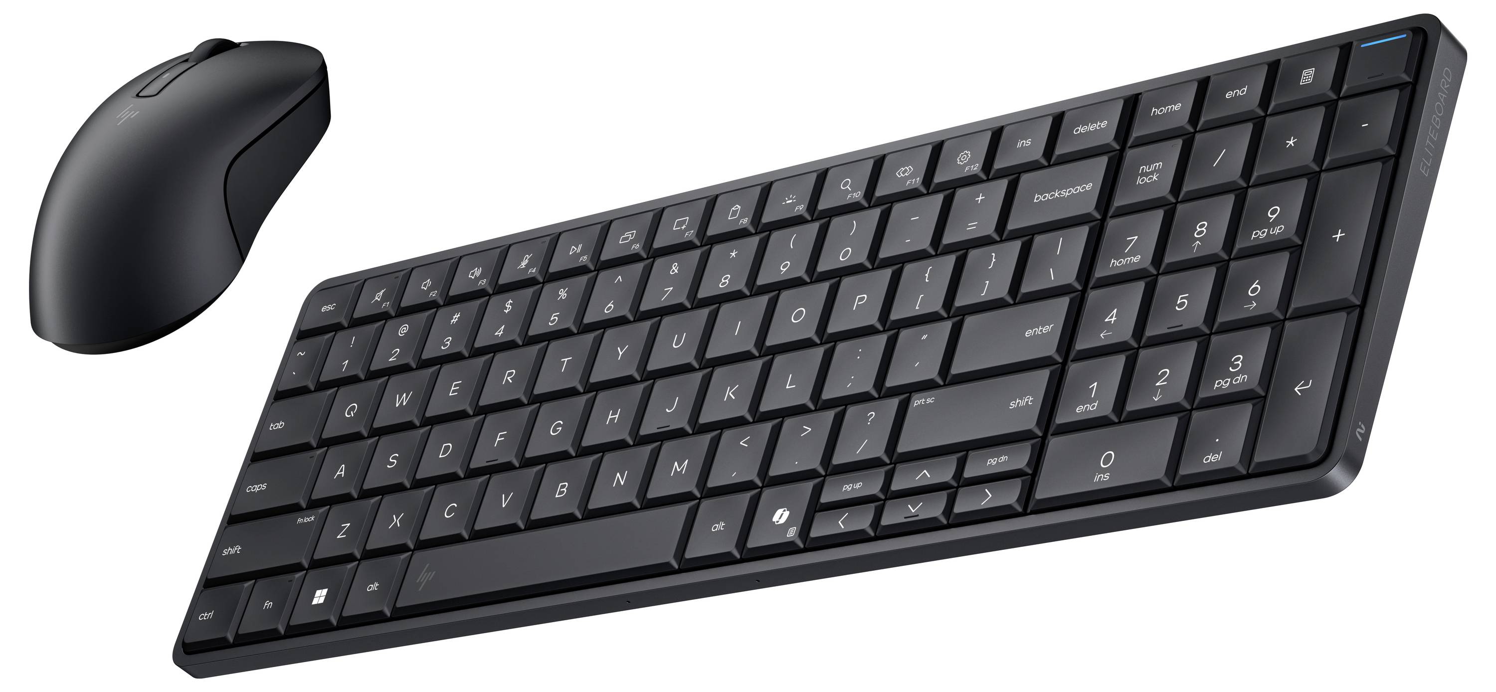 Schwarzes kabelloses Tastatur- und Mausset auf weißem Hintergrund.