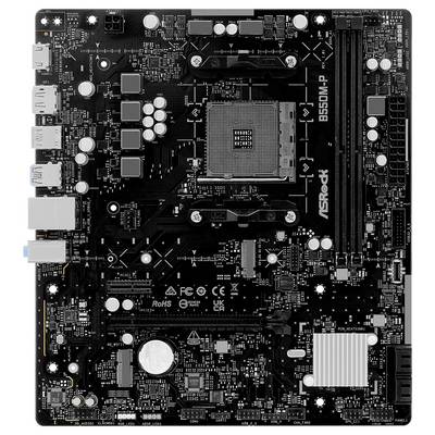 Draufsicht auf ein ASRock B550M-P Motherboard mit AM4-CPU-Sockel, vier RAM-Steckplätzen, PCIe-Steckplätzen und hinteren E/A-Anschlüssen.