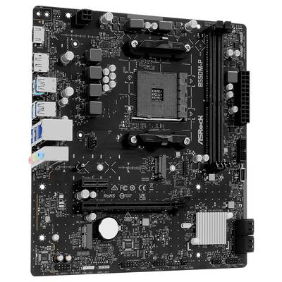 ASRock B650M-P Mainboard mit AMD AM5 CPU-Sockel, DDR5-Speicherplätzen, PCIe-Steckplätzen, USB- und Audioanschlüssen sowie Chipsatz-Kühlkörper.