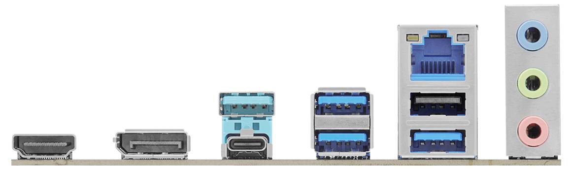 Verschiedene Computereingabe-/Ausgabeanschlüsse nebeneinander angezeigt, darunter HDMI, DisplayPort, USB-C, USB-A, Ethernet und drei farbcodierte Audiobuchsen.