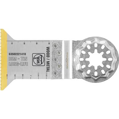 Metallisches Oszillationssägeblatt mit gelbem Zahnrand und abgerundeter silberfarbener Schneidkopf, gekennzeichnet mit „BIM-TIN LONG-LIFE" und „0000 M/ METAL".