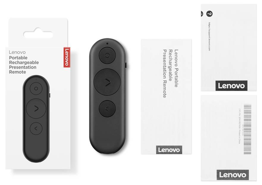 Lenovo tragbarer wiederaufladbarer Präsentationsfernbedienung dargestellt mit seiner weißen Einzelhandelverpackung, mit einer schwarzen Fernbedienung und Lenovo-Branding.