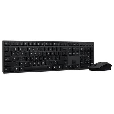 Schwarze kabellose Vollgröße-Tastatur mit Maus, mit Zahlenblock, Funktionstasten und separaten Navigationstasten auf hellem Hintergrund.