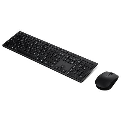 Schwarzes kabelloses Tastatur- und Mausset auf weißem Hintergrund, schräg nebeneinander angeordnet.