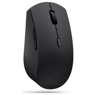 Kabellose schwarze Computermaus auf weißem Hintergrund dargestellt, mit strukturierter Oberseite, Scrollrad und Seitentasten.