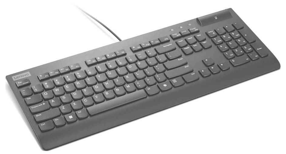 Schwarze Lenovo-Kabeltatatur in Schräglage auf weißem Hintergrund dargestellt.