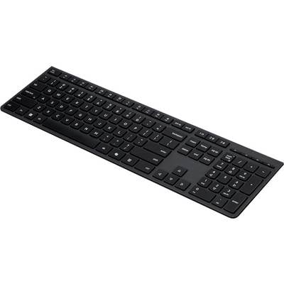 Schwarze Vollformat-Computertastatur im Winkel auf weißem Hintergrund gezeigt.