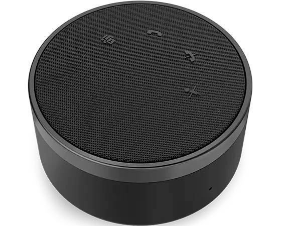 Schwarzer runder intelligenter Lautsprecher mit Mesh-Oberseite und vier Touch-Steuersymbolen.