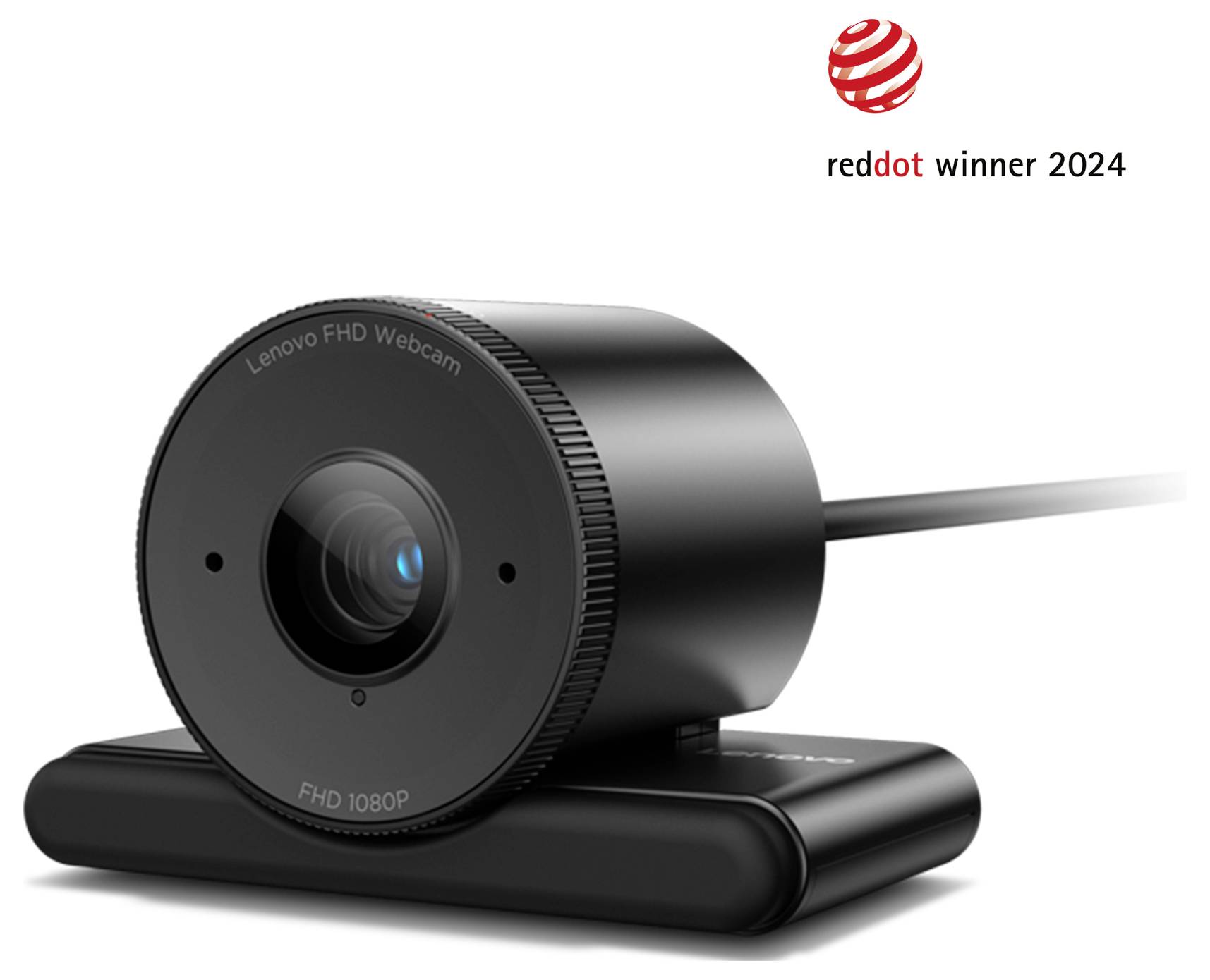 Schwarze Lenovo FHD-Webcam mit USB-Kabel und Standfuß, beschriftet mit „Lenovo FHD Webcam" und „FHD 1080P", mit dem Abzeichen „reddot winner 2024" in der Ecke.