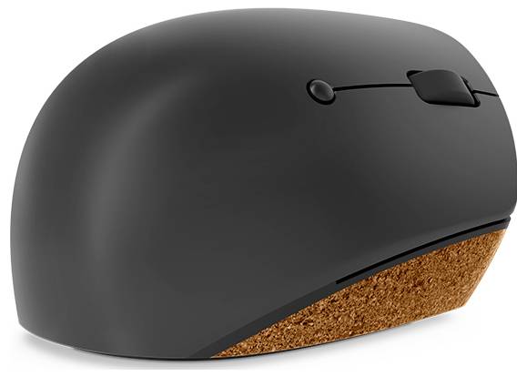 Schwarze kabellose Computermaus mit strukturierter Korkoberfläche auf weißem Hintergrund