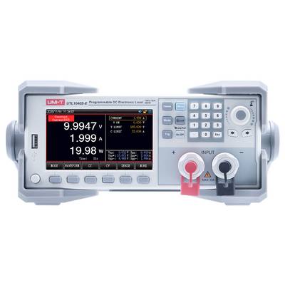 Programmierbares elektronisches DC-Gleichstromlastgerät mit Stromanzeige, Spannungsanzeige und Leistungsanzeige auf dem Bildschirm, mit sichtbaren Frontpanel-Steuerelementen und Eingangsklemmen.